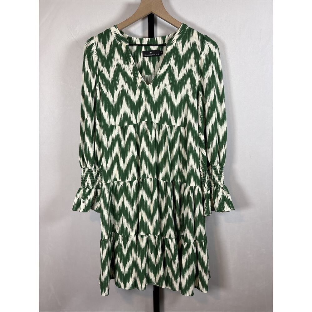 Pomander Place Kenzo Dress Women's XS Green Ikat Tiered Relaxed Smocked Flowy